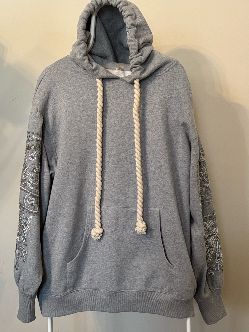 Free People Light Gray Embroidered Hoodie with Rope Drawstrings - Picture 4 of 13